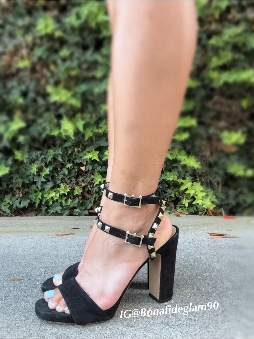 Valentino Rockstud black suede double ankle strap block heel sandal 36.5